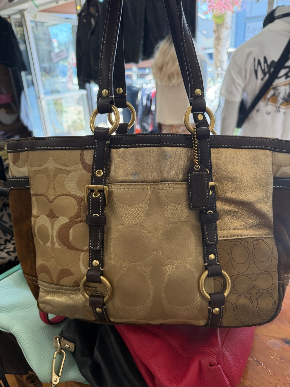 Coach Patchwork Signature Shoulder Tote in Metallic Gold and Brown Leather Trim